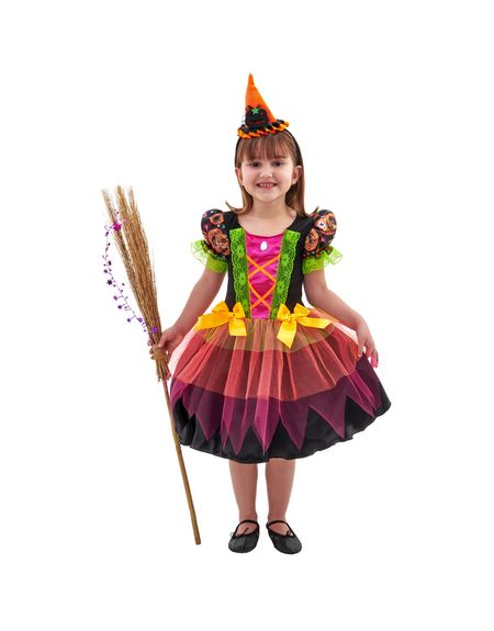 Fantasia Halloween Infantil Menina Bruxinha de Luxo Com Tiara e